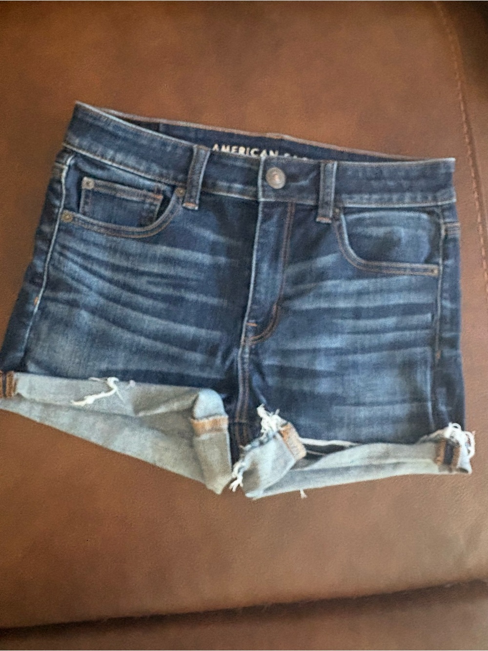American Eagle Navy Blue Denim Shorts with Brown Trim